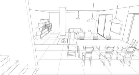 interior kitchen living room 3d illustration	
