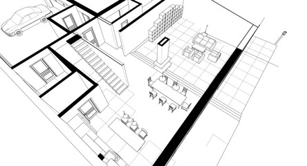 interior kitchen living room 3d illustration	
