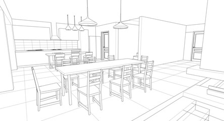 interior kitchen living room 3d illustration	
