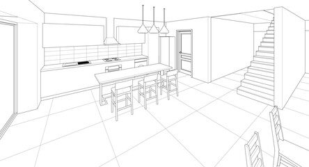 interior kitchen living room 3d illustration	
