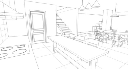 interior kitchen living room 3d illustration	
