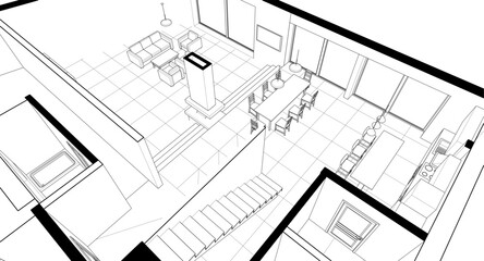 interior kitchen living room 3d illustration	
