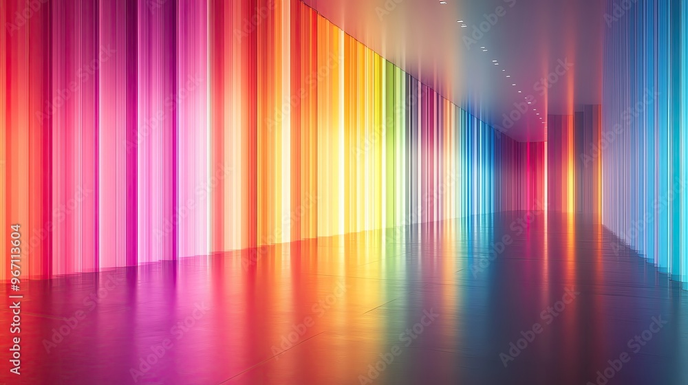 Poster vibrant corridor with colorful vertical lights casting reflections on a glossy floor, creating a mes