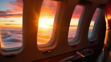 Luxurious leather seats in a private jet bathed in warm sunset light, exuding comfort and luxury. Twilight hues paint the sky outside, creating an exclusive atmosphere