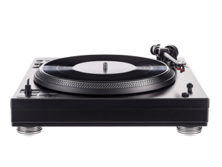 a black record player with a record