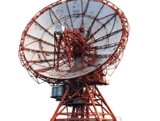 a large red and white satellite dish