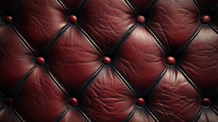 Close-up of rich burgundy leather, showcasing intricate tufting and polished buttons, ideal for luxury design themes.