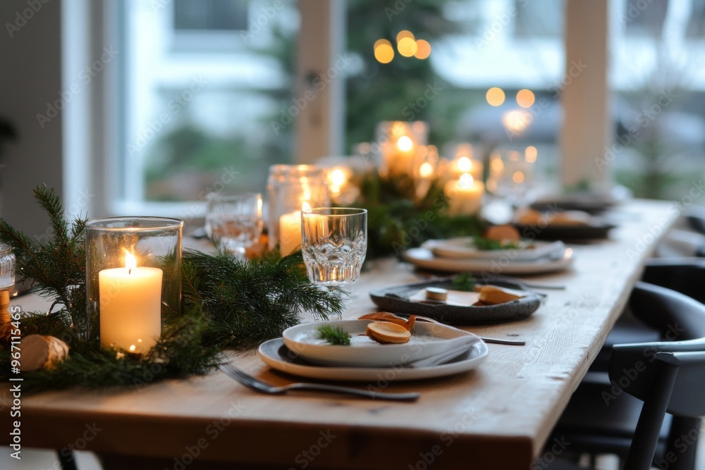 Poster a rustic table setting with candles and greenery