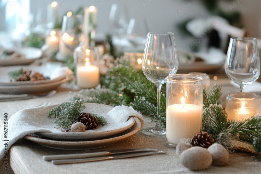 Poster rustic table setting with candles and pine branches