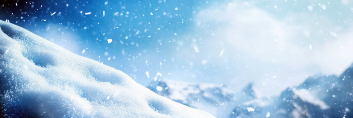 Snowdrifts and snowfall. World Snow Day. Horizontal banner. Free space for text. Winter landscape on a sunny day. Winter sports and snow activities concept
