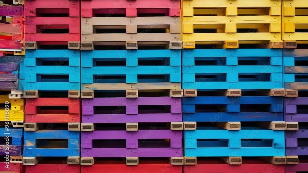 Poster colorful wooden pallets stacked on top of each other, creating a vibrant and abstract pattern with t