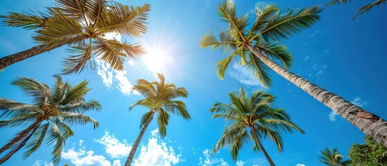 Obraz premium tropical paradise, palm trees gently swaying in the warm breeze under the clear blue sky 