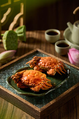 Cooked crabs on a table indoors, interior photography, close up