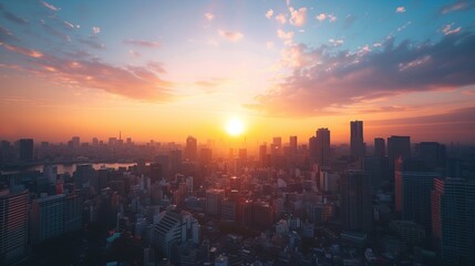 Fototapeta premium Stunning Urban Sunrise Over Cityscape with Vibrant Sky and Modern Architecture