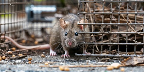Captured live rat in humane trap near patio deck Galvanized steel wire mesh rodent cage with door lock Critters trapped in aluminum structure attempting to flee