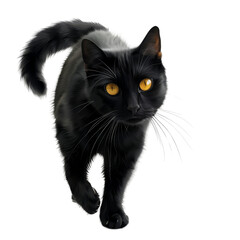 A curious black cat with bright yellow eyes walking gracefully on a transparent background during daylight hours