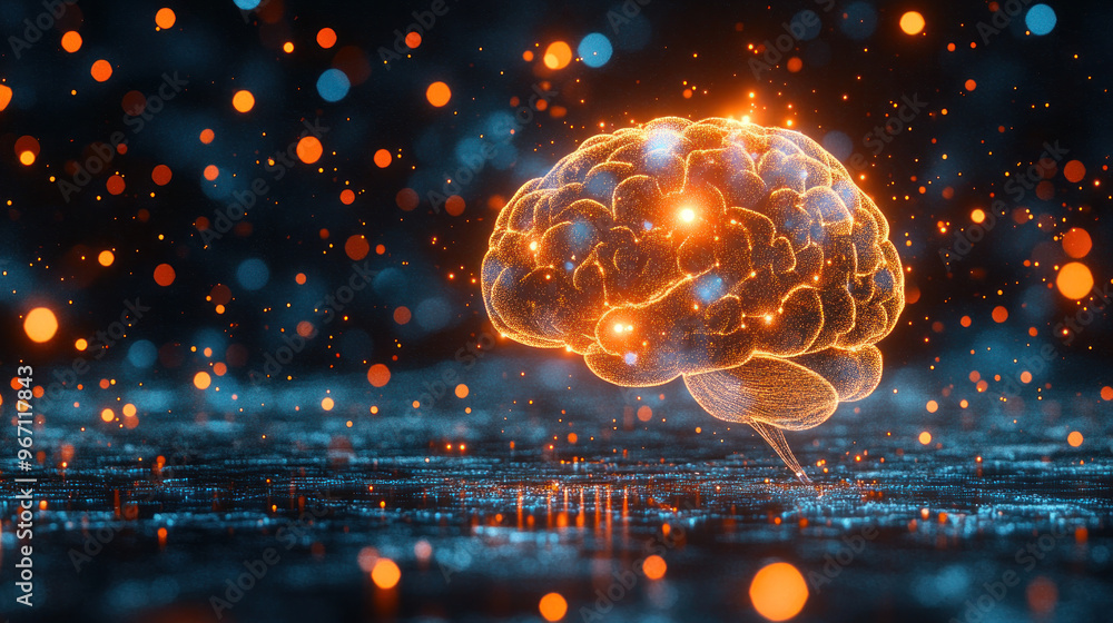 Poster a brain is shown in a computer generated image with a bright orange glow. the brain is surrounded by