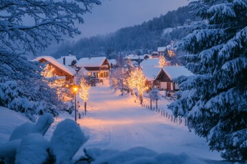 Fototapeta premium Snow-Covered Village at Dusk with Twinkling Lights