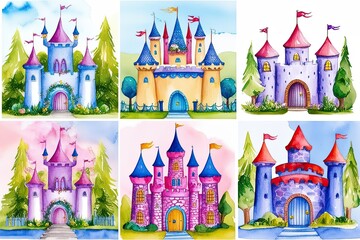 Obraz premium Captivating Watercolor Castle Art for Kids Featuring Whimsical Details and Playful Backgrounds