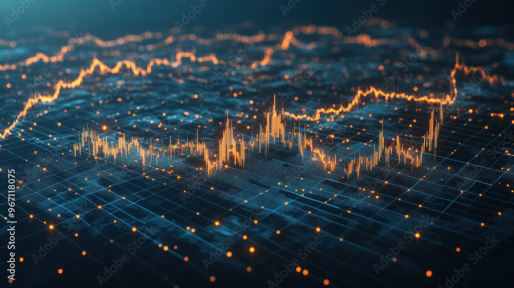 Poster a computer generated image of a city with a lot of orange and blue lines. the image is abstract and 