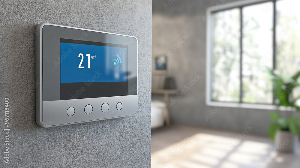 Poster a smart thermostat displays a temperature of 21 degrees. the room is empty and has a window with a p