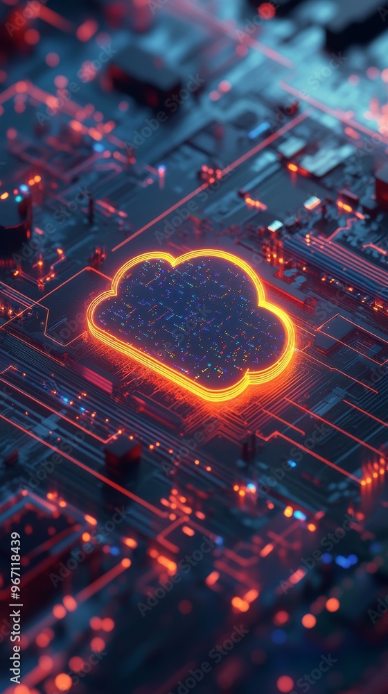 Poster futuristic cloud computing concept on circuit board