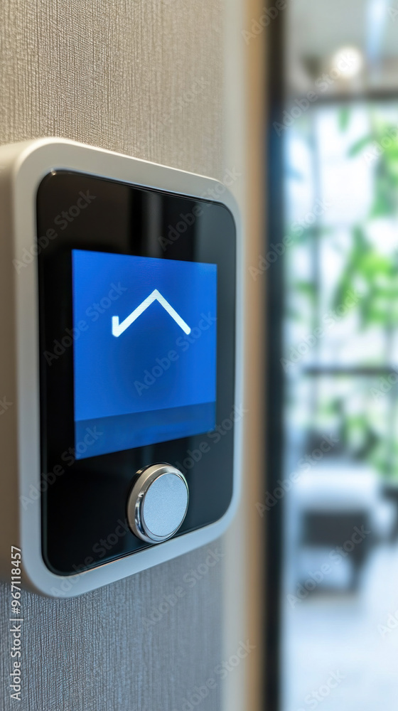 Poster a smart thermostat with a blue arrow on the screen. the arrow is pointing up, which means the temper