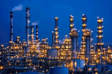 Industrial complex illuminated at night.