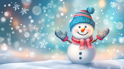 Winter holiday background banner cute snowman Merry christmas and happy new year