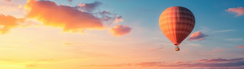 Naklejka premium A vibrant hot air balloon ascends against a stunning sunset, capturing the essence of adventure and freedom in the sky.