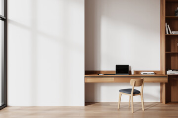 Home bedroom interior with work zone, table and chair with shelf. Mockup wall
