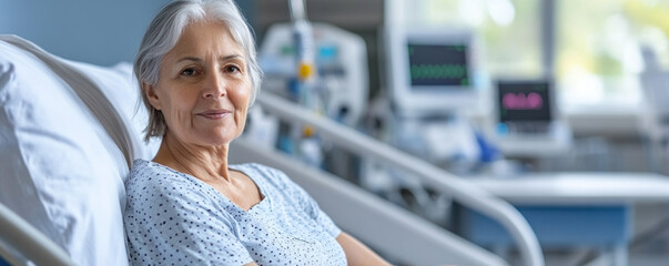 A woman in a hospital bed with a smile on her face. She is wearing a blue polka dot shirt