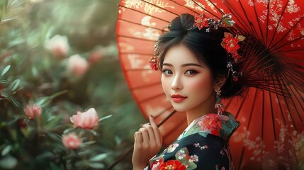 Woman in Traditional Japanese Dress Holding a Red Umbrella
