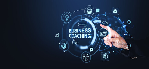 Business coaching interface with icons on dark background.