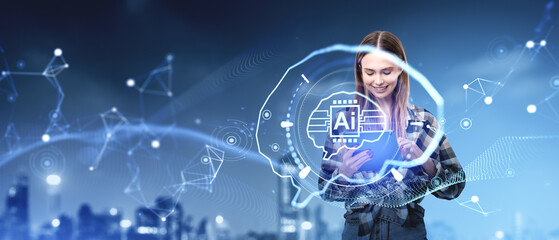 Woman interacting with AI technology hologram on digital backgro