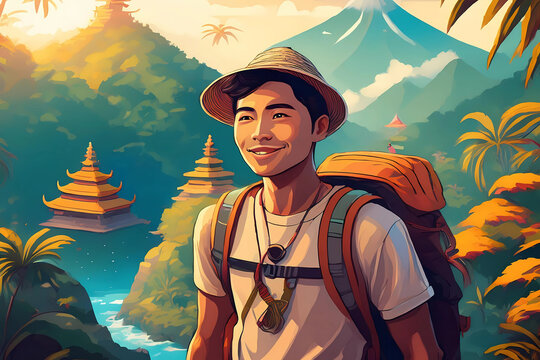 Man backpacking in a temple in Bali, Indonesia.