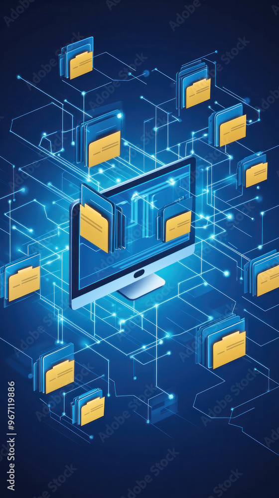 Poster a computer monitor displays a network of files, with each file represented by a yellow icon. concept