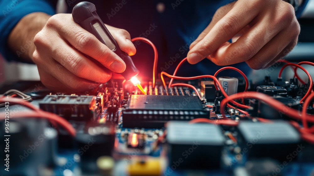 Poster a person is working on a computer circuit board. concept of focus and concentration as the person ca