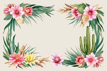 Stunning Watercolor Coastal Flora Art with Beach Lily and Sea Oats Border and Dreamy Desert Bloom Illustration Featuring Cactus Flower and Arid Botanical Frame