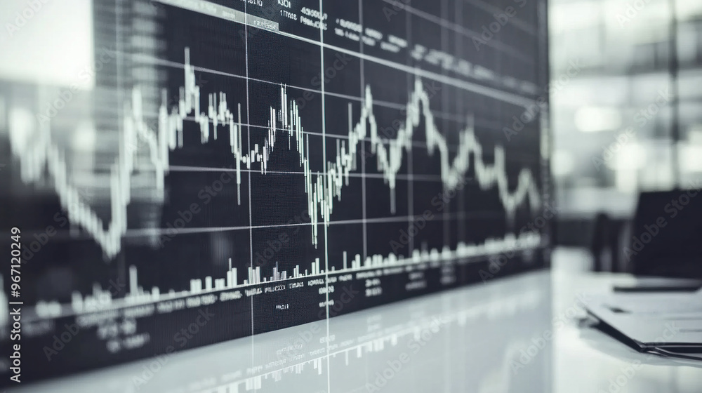 Poster a computer monitor displays a graph of stock prices. the graph shows a downward trend, indicating th