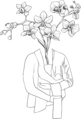 Lady with orchid flower head botanical illustration