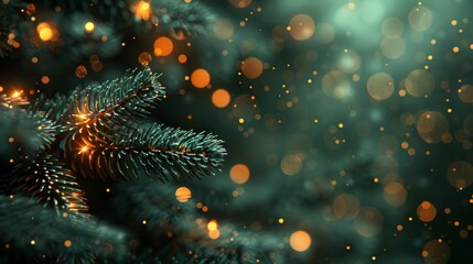 Glistening pine branches adorned with soft, warm lights during a serene winter evening