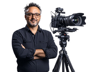 a man standing next to a camera