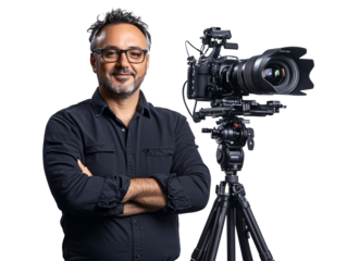a man standing next to a camera