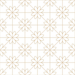 Gold and white line seamless vector pattern. Geometric floral linear diamond tile background. Mosaic art deco texture.