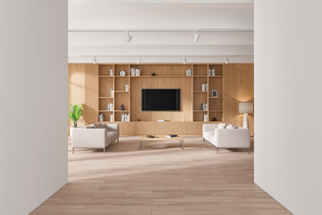 A modern living room featuring wooden shelves, a flat-screen TV, and beige sofas on a light wooden floor. Minimalistic design with neutral tones and natural light. 3D Rendering
