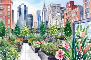Obraz premium Modern Floral Watercolor City Garden Art Featuring Urban Greenery