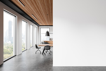 Office interior with meeting table and chairs, ceo desk near window. Mockup wall