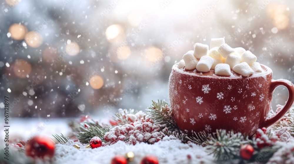 Sticker A red mug filled with hot chocolate and marshmallows sits on a snowy surface with Christmas decorations.