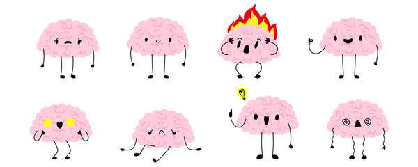 Fototapeta premium Adorable curious human brain with face. Cartoon character isolated on white background. Kawaii happy brain character and sad crying brain character. Hand drawn symbols of healthy and depressive mind.